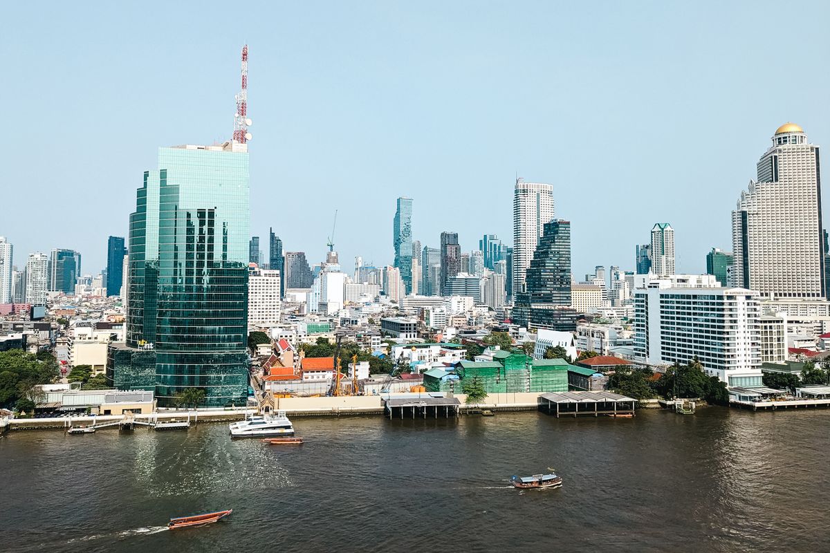 Bangkok buildings beside the Chao Phraya River.